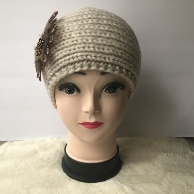 New Knit Beige Crochet Turban Headwrap Ear Warmer Headband Feather Flower  eb-78933599